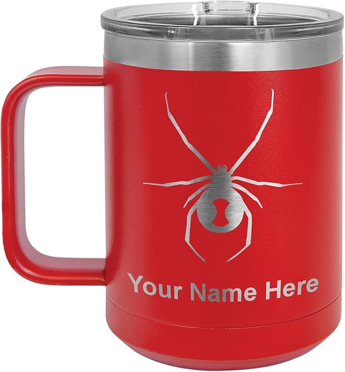 LaserGram 15oz Vacuum Insulated Coffee Mug, Widow Spider, Personalized Engraving Included (Red)