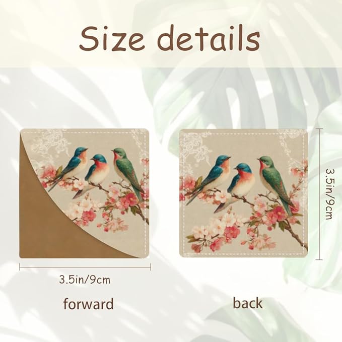 2PCS Leather Bookmarks 3.54 x 3.54 Inch Bird and Cherry Blossom Design Reading Accessories for Books Journals Bibles Travel Diary Students Teachers and Book Lovers Gift