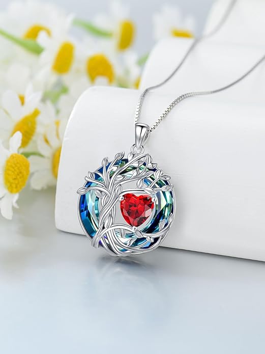 TOUPOP Tree of Life Birthstone Necklace 925 Sterling Silver Pendant Austrian Crystal Jewelry Anniversary Valentine's Day Birthday Gifts for Women Mom Her Wife