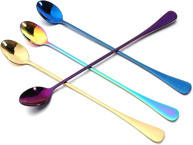 Long Handle Spoon 9.5-Inch Long Handle Ice Tea Spoons 4PCS Stainless Steel Iced Teaspoon for Mixing Tea, Coffee, Milkshake, Cold Drink Iced Teaspoons Long Coffee Spoons