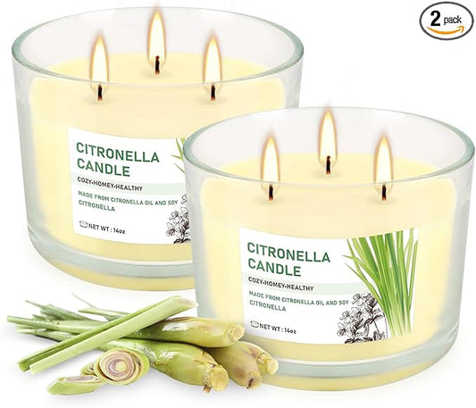 Citronella Candle Outdoor 2-Pack - 14oz Each 3-Wick Candles in Clear Glass Jars, Made with Citronella Oil & Soy Wax for Patio, Camping, Backyard, Emergency & Outdoor Ambiance.