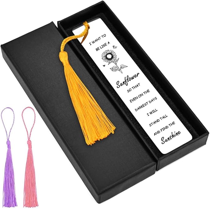 Quimoy Sunflower Gifts for Women Girls, Inspirational Gifts for Women, Sunflower Bookmark with 3 PCS Tassels for Christmas, Birthday, Valentine's Day, Thanksgiving, Graduation
