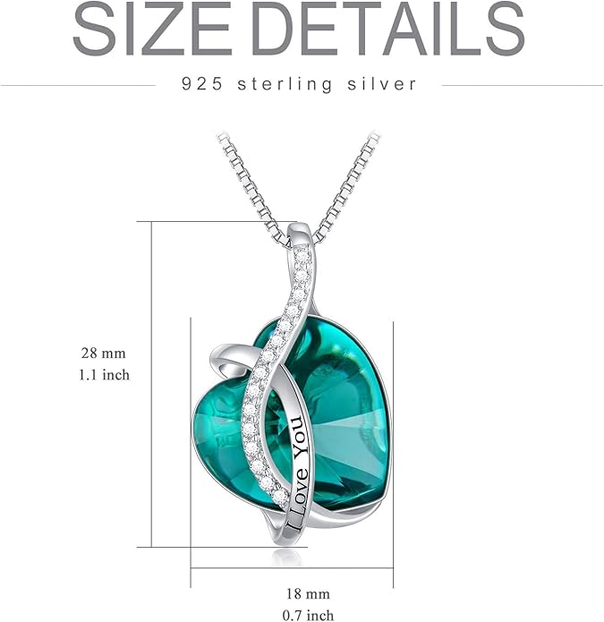 AOBOCO I Love You Sterling Silver 12 Birthstone Heart Pendant Necklace Embellished with Crystals from Austria, Mother's Day Anniversary Birthday Jewelry Christmas Gifts for Women Grandma Nana