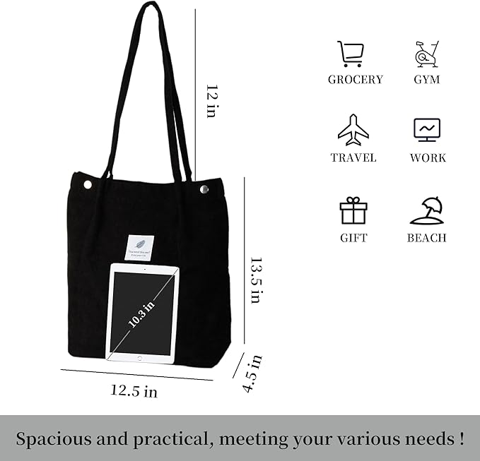 Corduroy Tote Bag Cute Tote Bags for Women Shoulder Bag with Inner Pocket for Work Beach Travel and Shopping Grocery