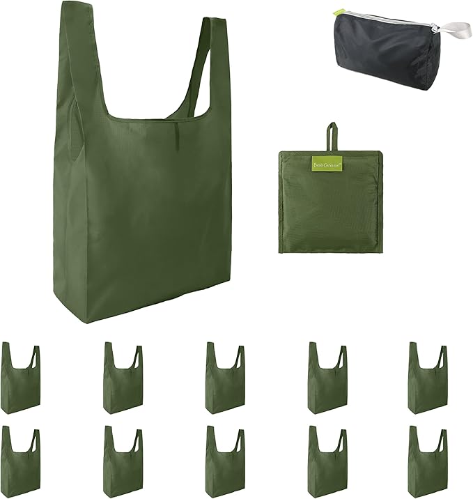 BeeGreen Green Reusable Grocery Bags Wholesale Green Reusable Kitchen Bags Bulk Foldable-Machine Washable with Zipper Storage Pouch 10 Packs