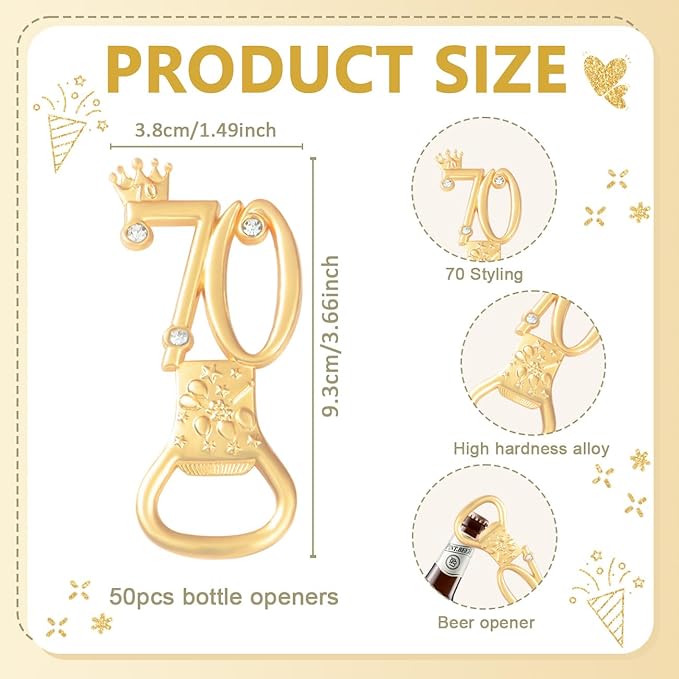 50 Pcs Golden 70th Birthday Party Favors with Rhinestones, 70th Birthday Bottle Openers,Perfect for Guests, Personalized 70 Beer Bottle Openers, 70th Anniversary Wedding Party Gifts (70th)