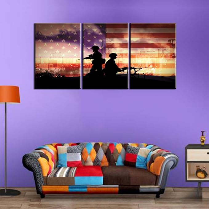 Native American Flag Wall Decor USA Soldiers Paintings Military Gun Black Pictures 3 Panel Canvas Wall Art Bedroom House Decor Patriotic Artwork Framed Ready to Hang Posters and Prints(42''Wx20''H)