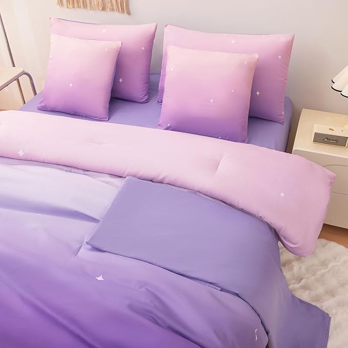 Rainbow Bedding Set Twin Size – 7 Piece Reversible Girls Comforter with Deep-Pocket Sheet, Gradient Galaxy Design, Whole-Piece Filling, Machine Washable Bed-in-a-Bag for Kids Room Makeover & Gifts