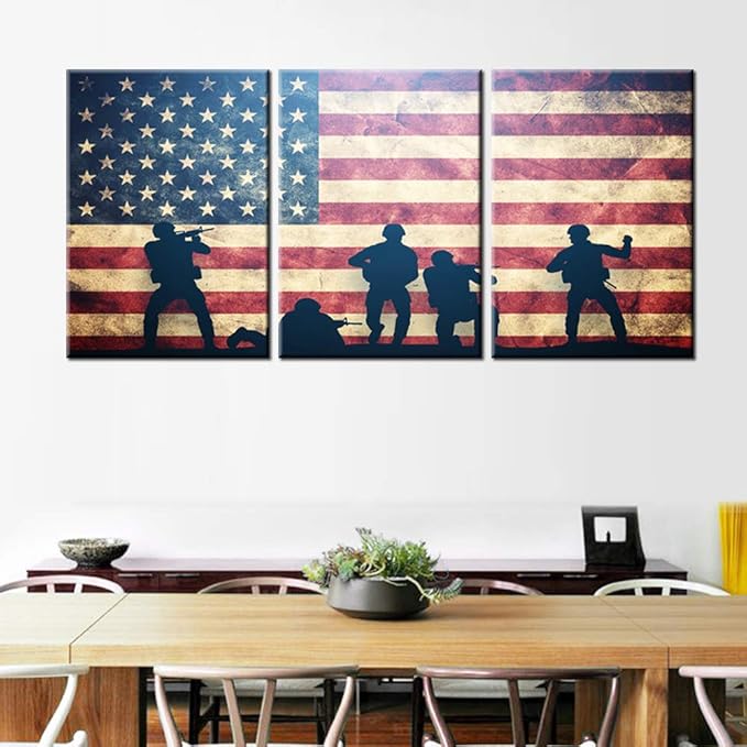 Native American Pictures Stars Stripes USA Flag Paintings Patriotic Soldier Artwork for Living Room 3 Pcs Prints Wall Art on Canvas Giclee Home Decorations Framed Stretched Ready to Hang(60''Wx 28''H)
