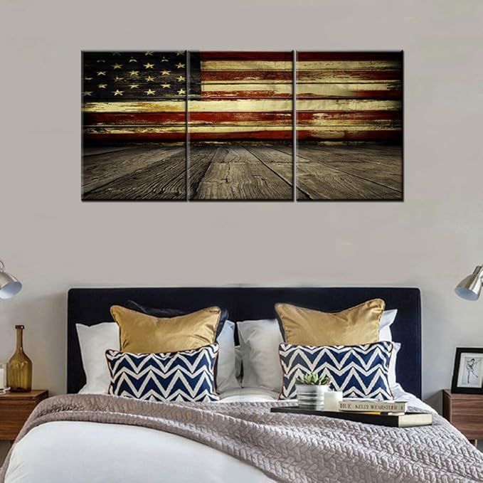 Native America Flag Pictures Patriotic Military Artwork House Decorations Living Room 3 Panel Canvas Wall Art Stars Stripe Retro Painting Framed Stretched Ready to Hang Posters and Prints(48''Wx24''H)