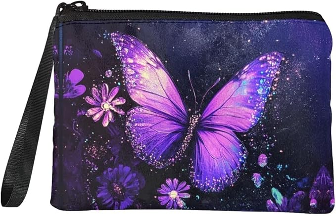 Dolyues Purple Zipper Coin Pouch Butterfly Small Womens Wallet With Coin Purse Womens Change Purse Trendy Money Bag Wristlet Desgin Coin Pouch