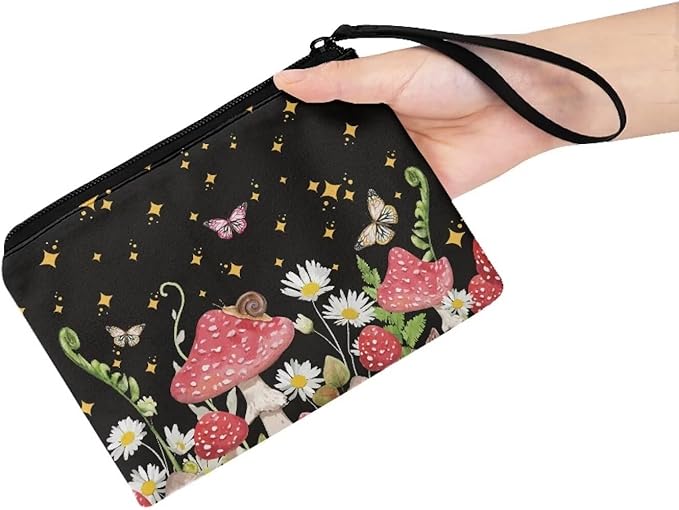 Dolyues Mushroom Coin Purse Change Pouch with Strap Casual Money Bag Wallet Small Clutch Zipper Pouch Coin Bag for Women Girls