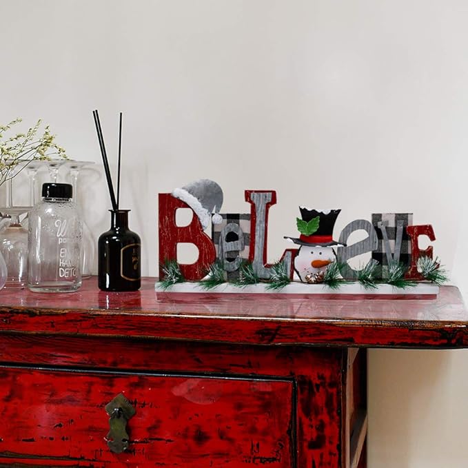 E-View Wooden Snowman Believe Sign, Classic Red Christmas Decor, Tabletop Sign for Home, Shelf, Fireplace, Mantel