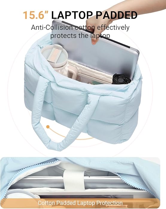 Herald Puffer Tote Bag for Women, Large Quilted Puffy Handbag Lightweight Satchel Purse with Cup Holder & Compartment