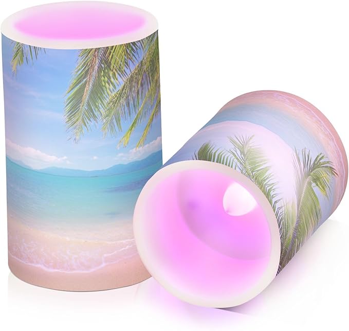 ALAZA Summer Beach with Green Coconut Trees Flickering Flameless Candles Battery Operated with Remote Timer,Tea Light Candles LED Pillar Votive Candles Set of 2 for Outdoor Indoor Decorations