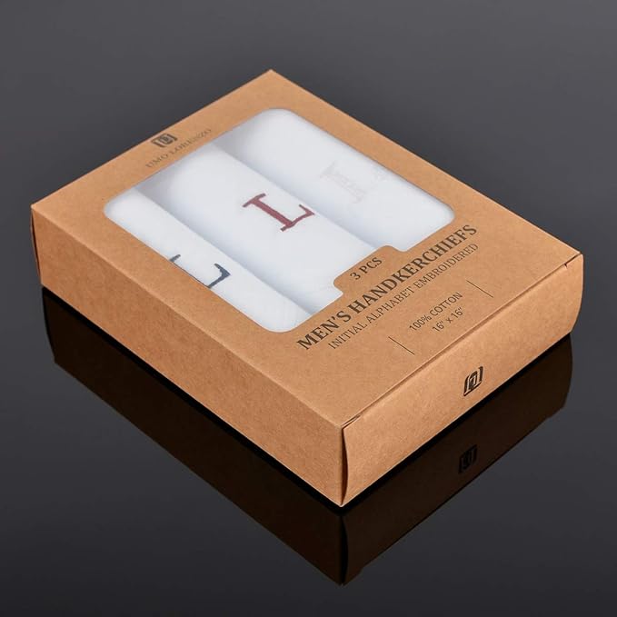 Initial Handkerchief for Men, Monogrammed Boxed 3 Piece Set,100% Cotton