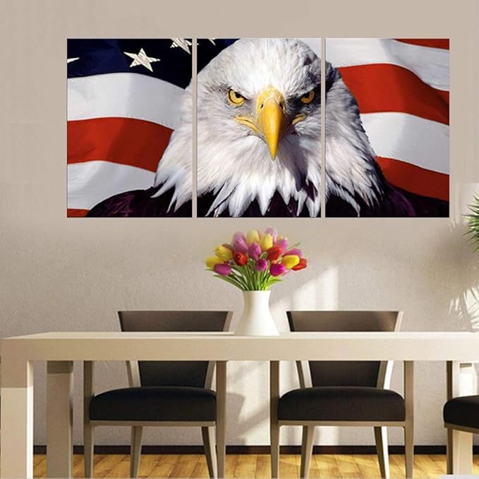 American Flag Wall Decor White Red Stripes Wall Art for Bedroom Canvas Prints Paintings Patriotic Artwork Bald Eagle Pictures Wooden House Decor Giclee Framed Stretched Ready to Hang(48''Wx24''H)