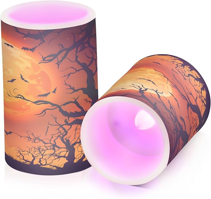 ALAZA Halloween Moon Tree Bat Flickering Flameless Candles Battery Operated with Remote Timer,Tea Light Candles LED Pillar Votive Candles Set of 2 for Outdoor Indoor Decorations