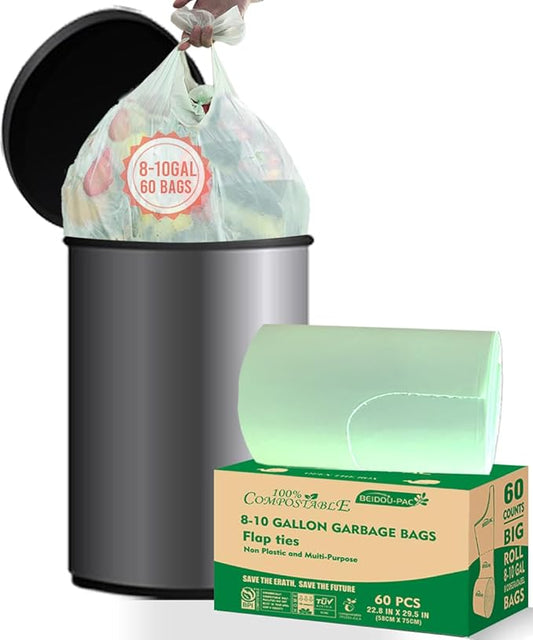 BEIDOU-PAC 8-10 Gallon Flap Tie Compostable Trash Bags, 60 Count, Compost Bags Kitchen Trash Bags, Sturdy Biodegradable Garbage Bags Food Scrap Waste Bags, ASTM D6400, US BPI Certified