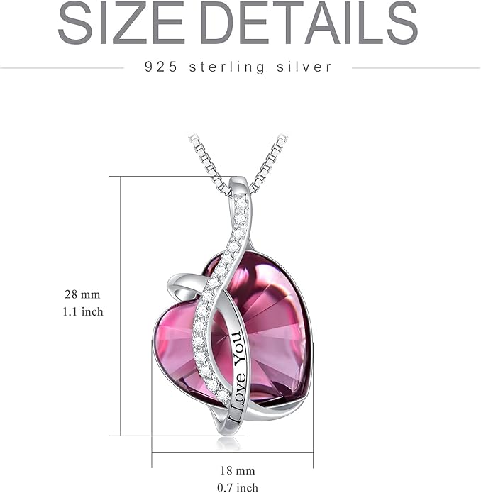 AOBOCO I Love You Sterling Silver 12 Birthstone Heart Pendant Necklace Embellished with Crystals from Austria, Mother's Day Anniversary Birthday Jewelry Christmas Gifts for Women Grandma Nana