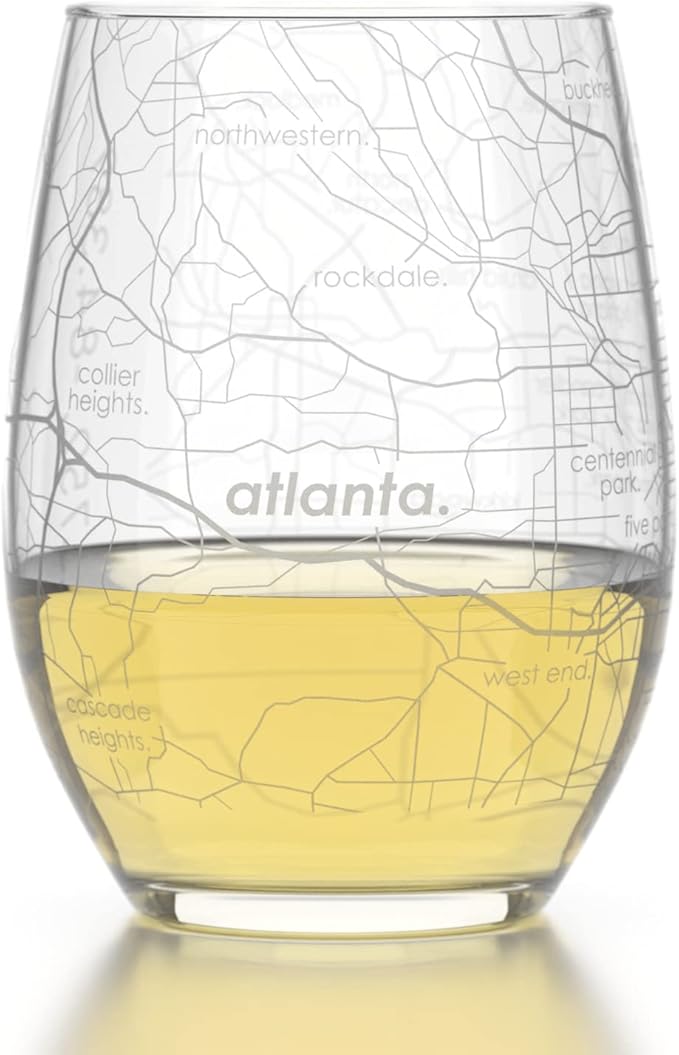 Well Told Engraved Atlanta Georgia Map Stemless Wine Glass (15 oz, Clear) - Etched City Map Custom Glass, Gifts for Wine Lovers