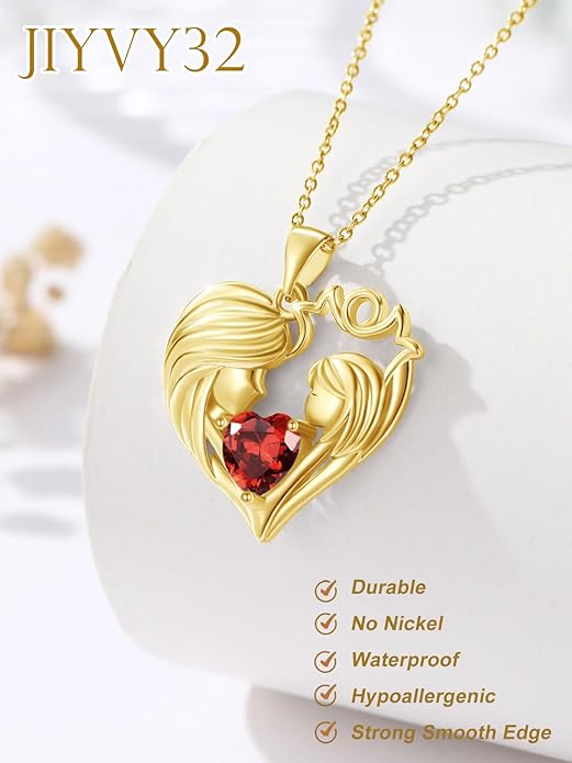 Mother and Daughter/Son Love Heart Necklace White Gold/14K Gold/Rose Gold Birthstone Jewelry Christmas Mothers Day Birthday Gifts For Mom Wife Grandma Women
