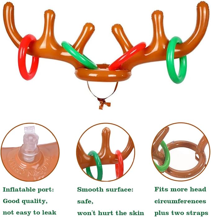 4 Pack Inflatable Reindeer Antler Ring Toss Game (4 Antlers 16 Rings 1 Pump) Reindeer Antler Hat Ring Toss for Xmas Party Great Christmas Games for Families