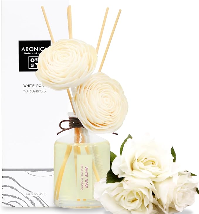 Aronica Twin Sola Diffuser - White Rose Fragrance, 160ml / 5.41 Floz, Colorful Bathroom Decor Airfreshener, Rose Reed Diffuser, Shelving Decor