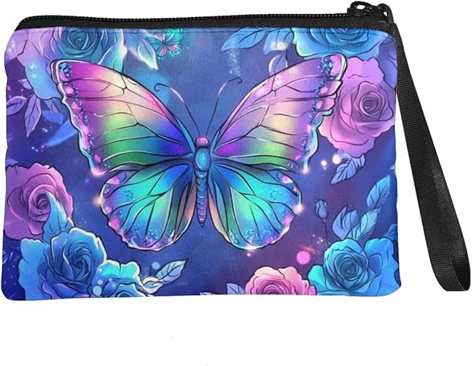 Dolyues Fashion Change Purses Pouch Bag Small Clutch Bags for Women, Coins/Cards Storage/Purple Butterfly and Rose Print Wallet Coin Purse with Wristlet