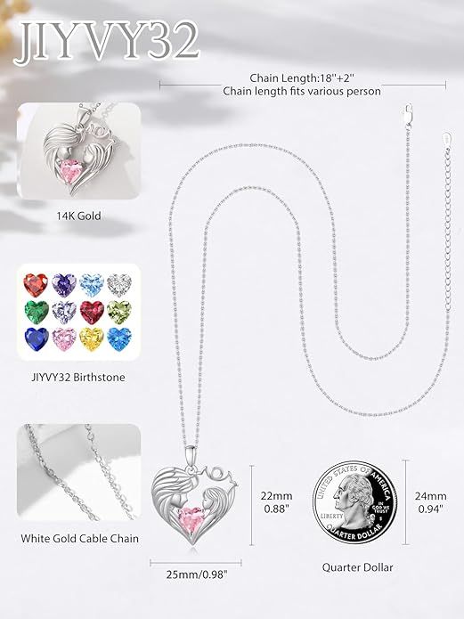 Mother and Daughter/Son Love Heart Necklace White Gold/14K Gold/Rose Gold Birthstone Jewelry Christmas Mothers Day Birthday Gifts For Mom Wife Grandma Women