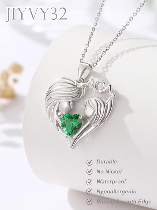 Mother and Daughter/Son Love Heart Necklace White Gold/14K Gold/Rose Gold Birthstone Jewelry Christmas Mothers Day Birthday Gifts For Mom Wife Grandma Women