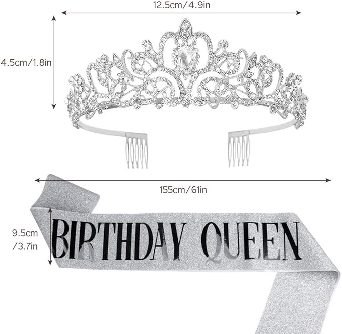VELSCRUN Tiara for Women Silver, Happy Birthday Queen Tiara, Crown for Girls with Birthday Girl Sash, Crowns for Women with Rhinestone