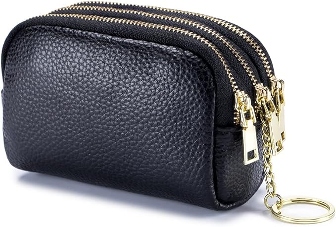 LINNO 3 Zippered Genuine Leather Coin Purse Triple Capacity Change Pouch Little Travel Wallet With Key Ring for Women