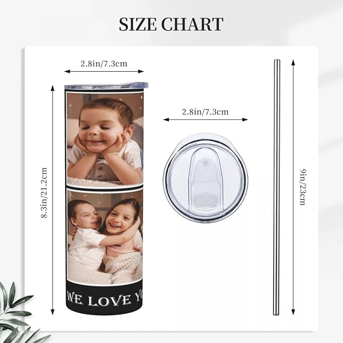 Personalized Custom tumbler Coffee Mug with Lid and Straw Hot and Cold Stainless Steel Vacuum Insulated Travel Mug with Photo Personalized tumbler Gift (20 oz, Cylinder, 5 photos)
