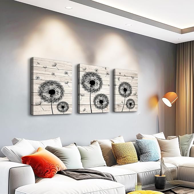 Wall Decor For Living Room Canvas Wall Art For Bedroom Fashion Wall Decorations For Kitchen Abstract Paintings Office Canvas Art Black Dandelion Flowers Hang Pictures Artwork Home Decoration 3 Pieces