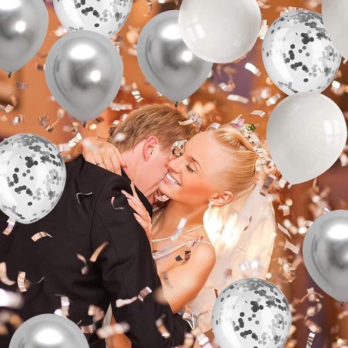 Bezente Silver Confetti Latex Party Balloons - 60 Pack 12 inch Helium Silver Confetti Glitter Balloons for Wedding Graduation Bridal Shower Birthday Engagement Party Decorations