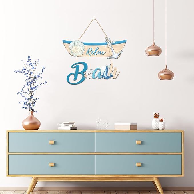 CHDITB Beach Theme Wooden Sign, Nautical Shell Anchor Summer Wooden Hanging Plaque, Relax Beach Front Door Sign Decor, Coastal Boat Beachy Wall Art Sign Hanger For Living Room, Bedroom, Office Coastal Room Decor