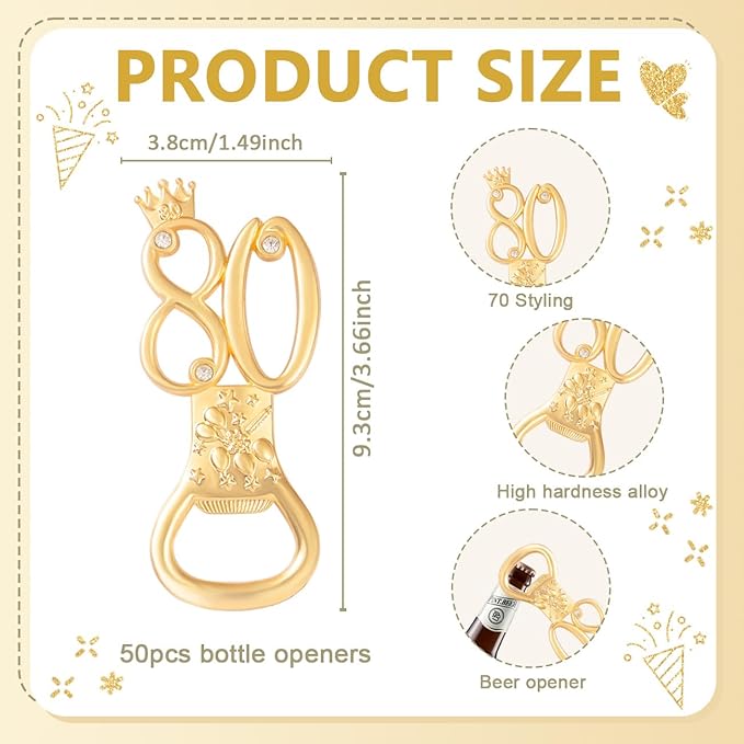 50Pcs 80th Birthday Bottle Opener Set 80th Birthday Party Favors 80th Golden Bottle Openers Personalized Party Favors Wedding Anniversaries Souvenirs Favors For Guests Party