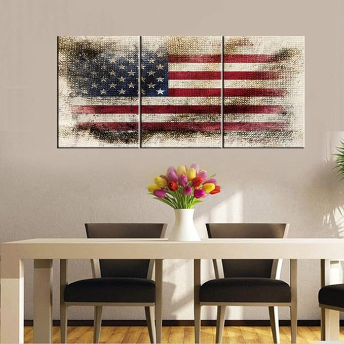 Native American Artwork Patriotic Star Flag Picrtures for Living Room Red Blue Stripes Wall Art 3 Panel Grunge Canvas Painting Rustic House Decoration Framed Gallery-Wrapped Ready to Hang(60''Wx28''H)