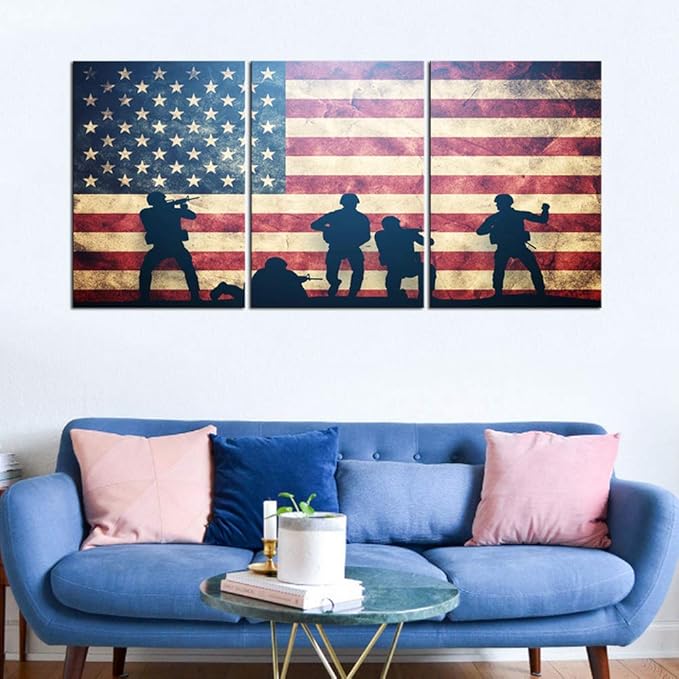 Native American Flag Artwork for Living Room 3 Panel Blue Canvas Pictures Red Stars Stripes Paintings Giclee Patriotism Wall Art Modern Home Decor Framed Ready to Hang Posters and Prints(48''Wx24''H)