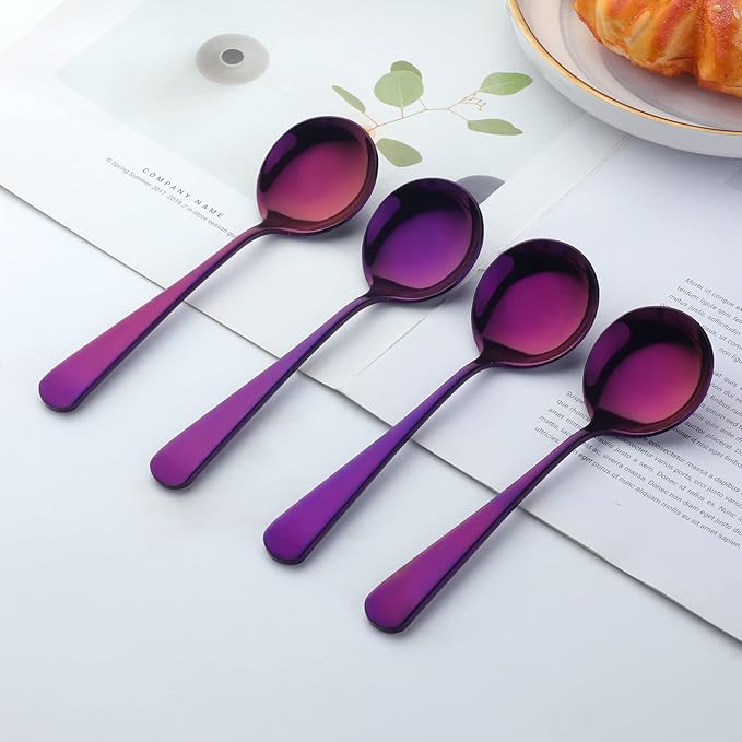 Buyer Star 8 Pieces Stainless Steel Round Soup Spoon, 6.3 Inch Mirror Polished Spoon Cutlery, Dishwasher Safe (Purple)