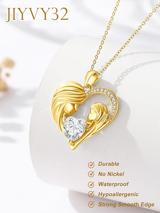 Mother and Daughter/Son Love Heart Necklace White Gold/14K Gold/Rose Gold Birthstone Jewelry Christmas Mothers Day Birthday Gifts For Mom Wife Grandma Women
