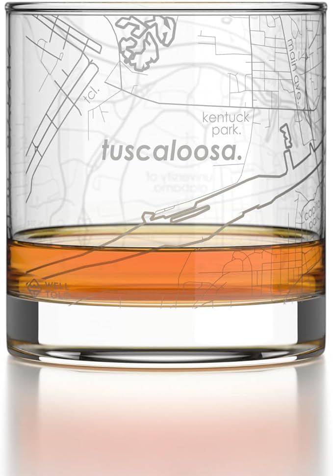 Well Told Engraved Tuscaloosa Alabama Map Rocks Glass, Old Fashioned Glassware (11 oz, Clear) Etched Bourbon Tumbler, Gifts For Whiskey Lovers