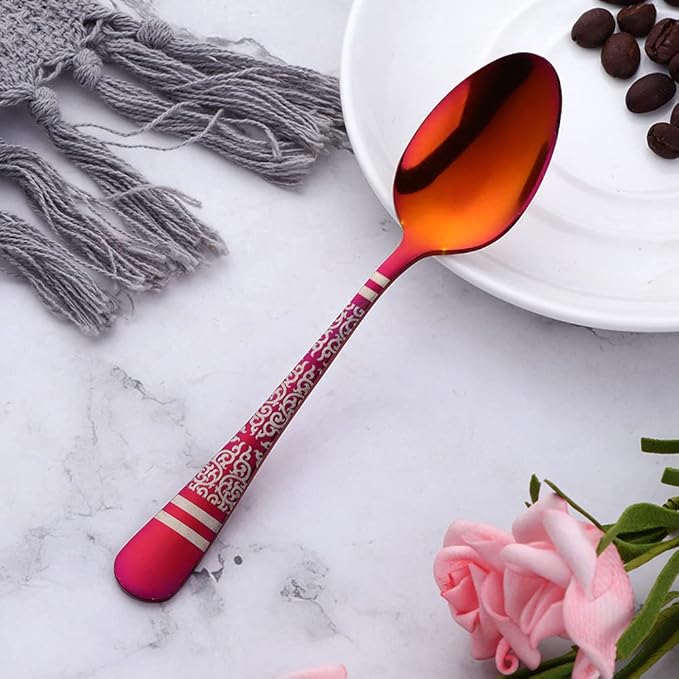 Rainbow Red Unique Pattern Design Coffee Espresso Spoons Mini, Mingcheng Stainless Steel Small Teaspoons Silverware Set of 12, BISDARUN 5.5 Inches Food Spoons for Demitasse Dessert Tea