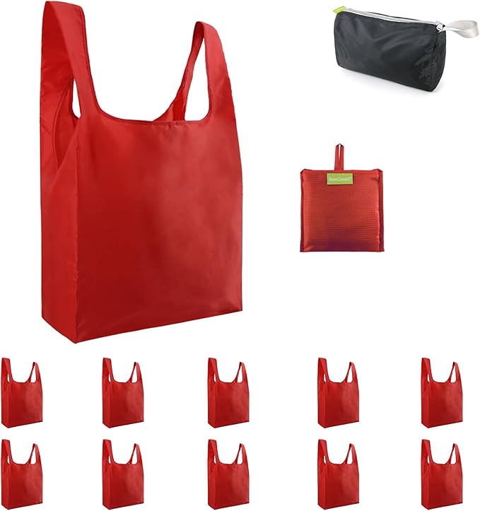 BeeGreen Christmas Red Reusable Grocery Bags with Zipper Storage Pouch 10 Packs Red Reusable Shopping Bags Bulk Foldable-Machine Washable