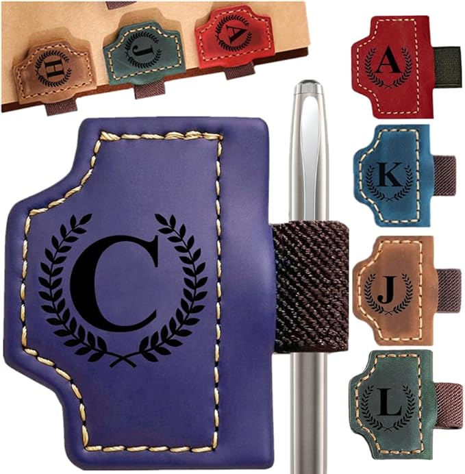 Custom Bookmark with Pen Holder with 26 Letters Personalized Magnetic Leather Book Mark, Customized Name Book Marker Clip with Initial for Men Women, Gifts for Book Lovers, Readers, (Purple, C)
