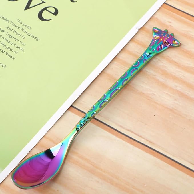 Colorful Titanium-plated Stainless Metal Animal Shape Mini Stirring Spoon Cartoon Tiny Dessert Spoon with Long Handle Rust-resistant Kitchen Tableware for Coffee and Tea