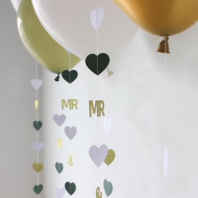 Sage Green Wedding Party Decorations Gold/Green/White Heart Mr and Mrs Garland with Balloons for Bridal Shower Engagement Bachelorette Party