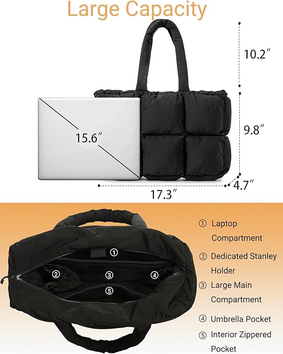 Herald Puffer Tote Bag for Women, Large Quilted Puffy Handbag Lightweight Satchel Purse with Cup Holder & Compartment