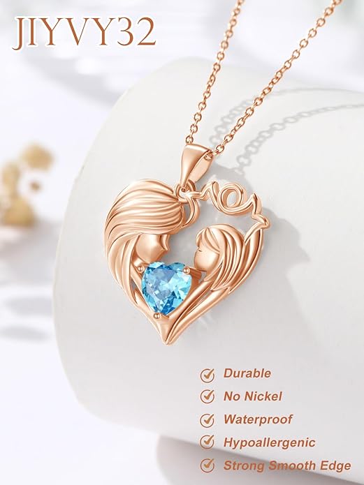 Mother and Daughter/Son Love Heart Necklace White Gold/14K Gold/Rose Gold Birthstone Jewelry Christmas Mothers Day Birthday Gifts For Mom Wife Grandma Women